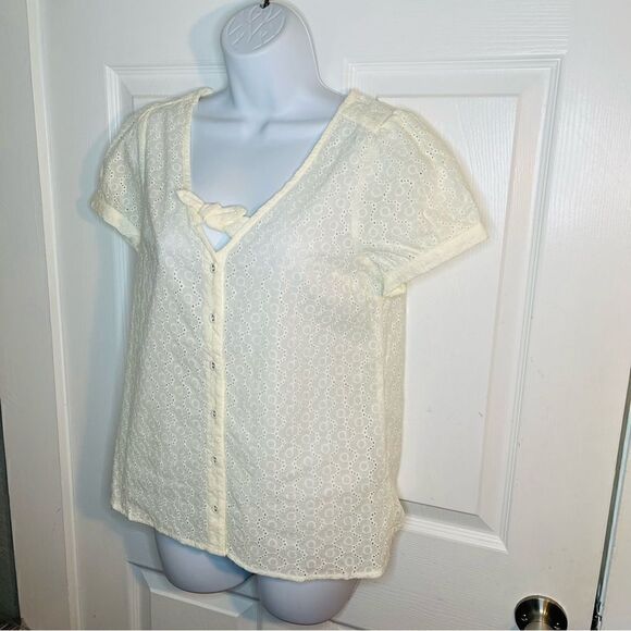 Modcloth Polished Touch Cotton Eyelet Blouse Puff Sleeves Tie Front Ivory S - Picture 10 of 13
